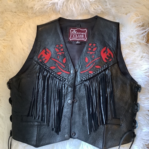 Leather  Club Tops - Black Leather Vest with Red Rose’s, Fringe and Concho’s